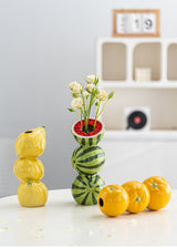 Green and Red Whimsical Stacked Watermelon Ceramic Vase - Novelty Tabletop Decor
