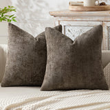 Brown Plush Chenille Cushion Covers Set of 2 - Soft Textured Decorative Throw Pillow Cases for Sofa Couch, 45x45cm