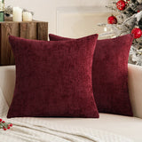 Dark Red Plush Chenille Cushion Covers Set of 2 - Soft Textured Decorative Throw Pillow Cases for Sofa Couch, 45x45cm