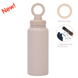 Beige 1L Stainless Steel Water Bottle with Magnetic Phone Holder Lid - Portable Hydration & Hands-Free Stand