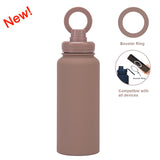 Brown 1L Stainless Steel Water Bottle with Magnetic Phone Holder Lid - Portable Hydration & Hands-Free Stand
