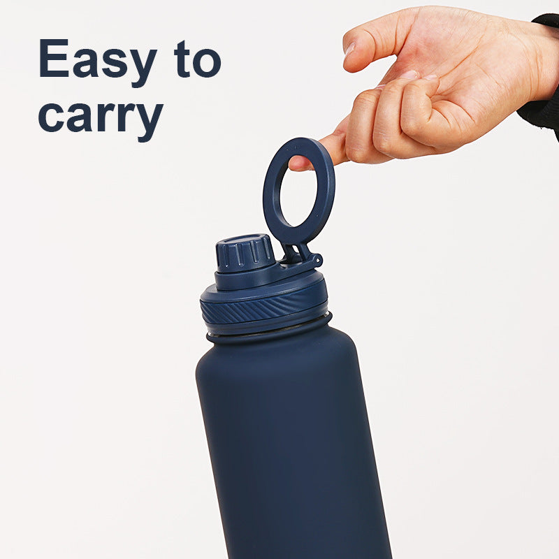 Orange 1L Stainless Steel Water Bottle with Magnetic Phone Holder Lid - Portable Hydration & Hands-Free Stand