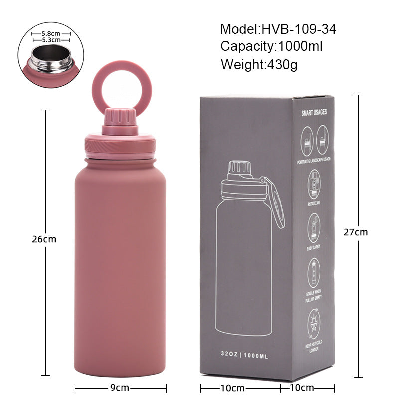 Black 1L Stainless Steel Water Bottle with Magnetic Phone Holder Lid - Portable Hydration & Hands-Free Stand