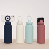 Yellow 1L Stainless Steel Water Bottle with Magnetic Phone Holder Lid - Portable Hydration & Hands-Free Stand - Rear View