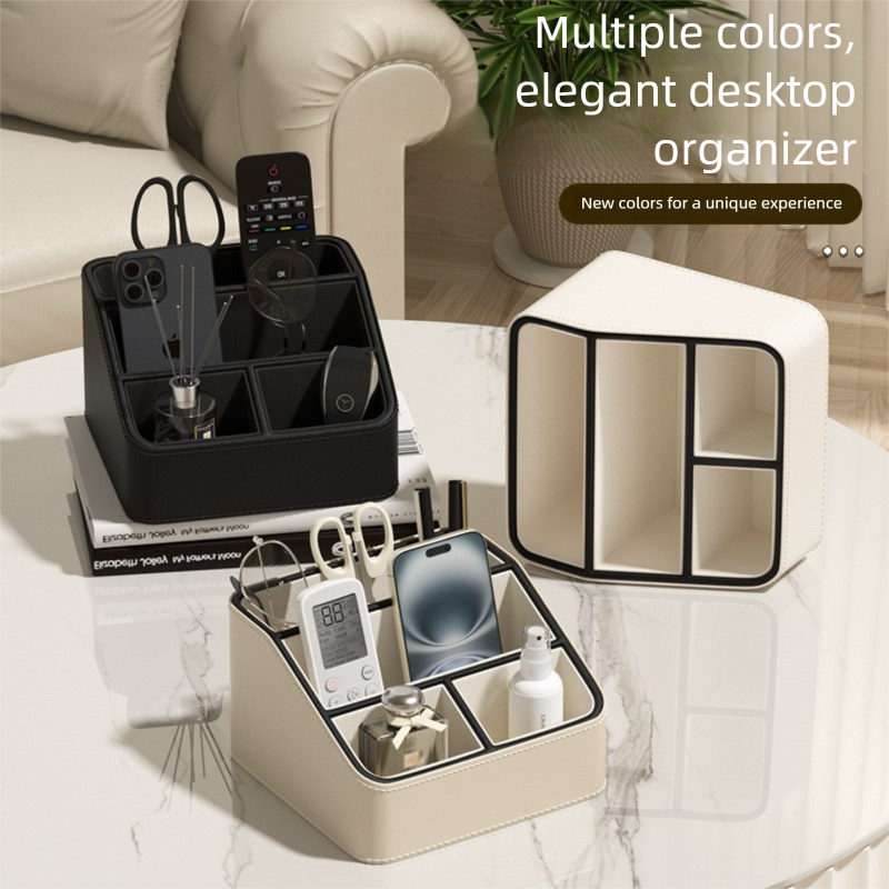 Black Stylish PU Leather Desktop Organizer Caddy - Multi-Compartment Holder for Remotes, Office Supplies, Makeup
