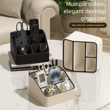Black Stylish PU Leather Desktop Organizer Caddy - Multi-Compartment Holder for Remotes, Office Supplies, Makeup - Front View