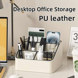White and Black Stylish PU Leather Desktop Organizer Caddy - Multi-Compartment Holder for Remotes, Office Supplies, Makeup - Top-Down View