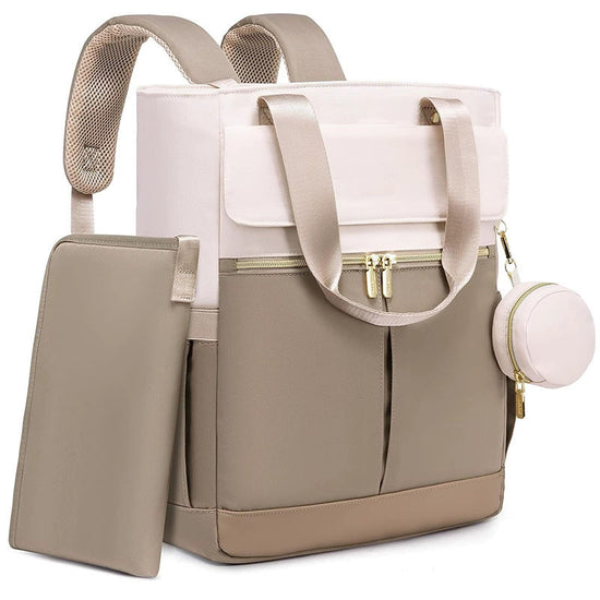 Khaki and Beige Stylish Nappy Bag Backpack - Multi-Functional Diaper Bag with Insulated Pockets, Changing Pad & Pacifier Case