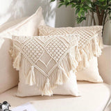 Black Boho Chic Macrame Cushion Cover - Handmade Woven Cotton Linen Pillow Case with Tassels - Decorative Throw Pillow Sham 45x45cm (Cover Only) - Side View