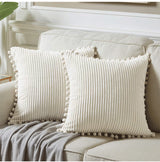 Yellow Soft Corduroy Cushion Cover Set (1 Square + 1 Rectangular) with Pom Pom Trim - Decorative Throw Pillow Cases for Sofa Couch - Top-Down View