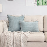 Blue Soft Corduroy Cushion Cover Set (1 Square + 1 Rectangular) with Pom Pom Trim - Decorative Throw Pillow Cases for Sofa Couch