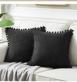 Black Soft Corduroy Cushion Covers with Pom Pom Trim - Set of 2 Decorative Throw Pillow Cases for Sofa Couch Bed, 45x45cm