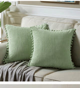 Light Green Soft Corduroy Cushion Covers with Pom Pom Trim - Set of 2 Decorative Throw Pillow Cases for Sofa Couch Bed, 45x45cm