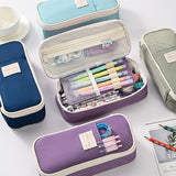 Dark Blue Large Capacity Expandable Pencil Case - Multi-Compartment Student Stationery Pouch (Only with pencil case) - Side View