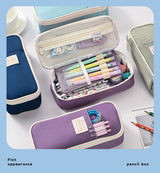 Dark Blue Large Capacity Expandable Pencil Case - Multi-Compartment Student Stationery Pouch (Only with pencil case) - 45-Degree Angle
