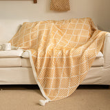 Yellow and Beige Diamond Pattern Soft Cozy Knit Throw Blanket with Tassels - Geometric Pattern Lightweight Acrylic Blanket for Sofa Couch Bed, 130x150cm