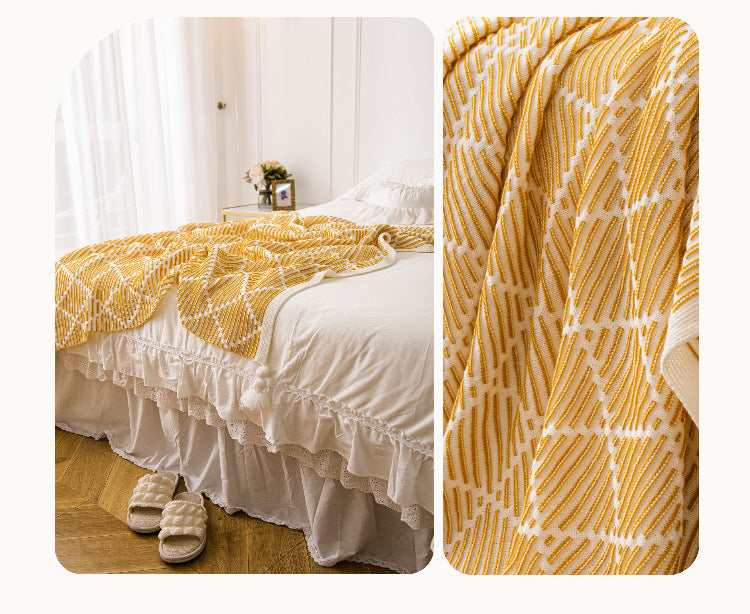 Yellow and Beige Diamond Pattern Soft Cozy Knit Throw Blanket with Tassels - Geometric Pattern Lightweight Acrylic Blanket for Sofa Couch Bed, 130x150cm