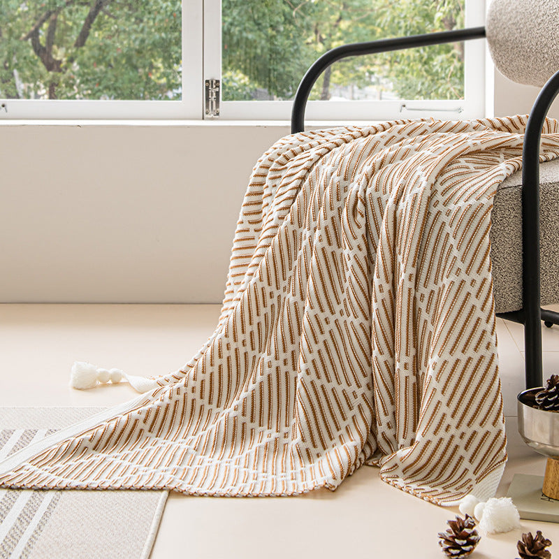 Yellow and Beige Diamond Pattern Soft Cozy Knit Throw Blanket with Tassels - Geometric Pattern Lightweight Acrylic Blanket for Sofa Couch Bed, 130x150cm