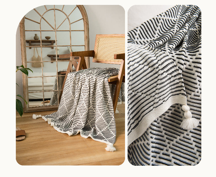 Yellow and Beige Diamond Pattern Soft Cozy Knit Throw Blanket with Tassels - Geometric Pattern Lightweight Acrylic Blanket for Sofa Couch Bed, 130x150cm