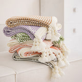 Purple and Beige Diamond Pattern Soft Cozy Knit Throw Blanket with Tassels - Geometric Pattern Lightweight Acrylic Blanket for Sofa Couch Bed, 130x150cm - Front View