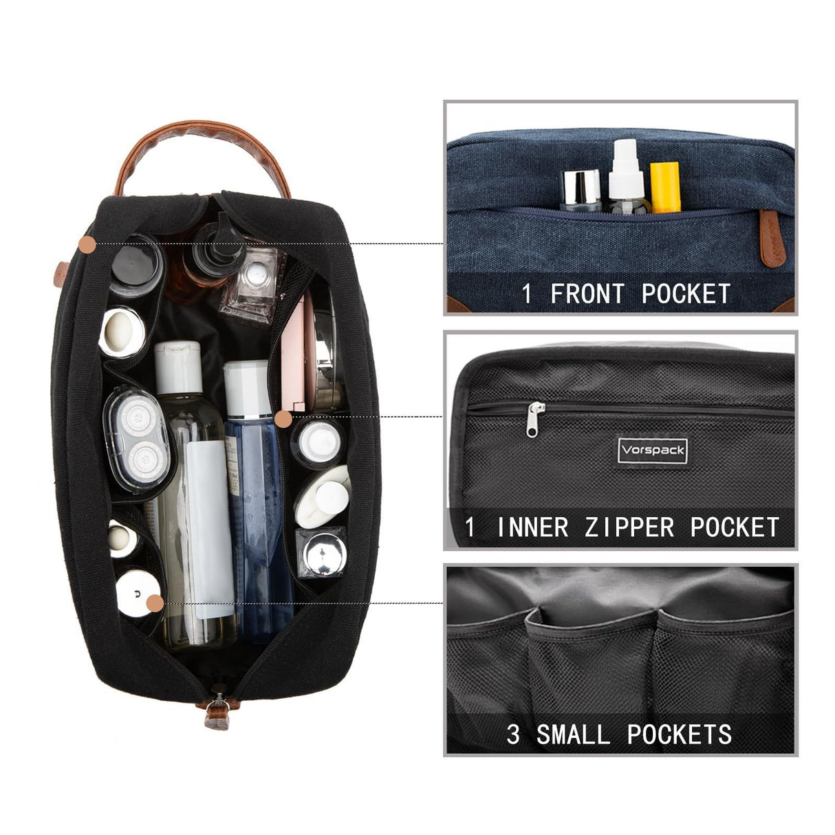 Black And Brown Men's Canvas Toiletry Bag - Large Capacity Water-Resistant Travel Organizer Dopp Kit with Handle