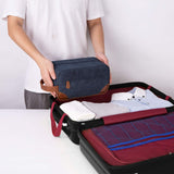 Dark Blue And Brown Men's Canvas Toiletry Bag - Large Capacity Water-Resistant Travel Organizer Dopp Kit with Handle - Top-Down View