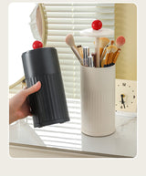 Beige Automatic Lifting Makeup Brush Holder - Dustproof Desktop Organizer with Lid & Compartments - Side View