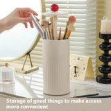 Beige Automatic Lifting Makeup Brush Holder - Dustproof Desktop Organizer with Lid & Compartments - Close-Up Angle