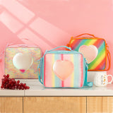 Blue Sparkling Rainbow Heart Insulated Lunch Bag for Kids - Portable School Lunch Box with Shoulder Strap - Front View