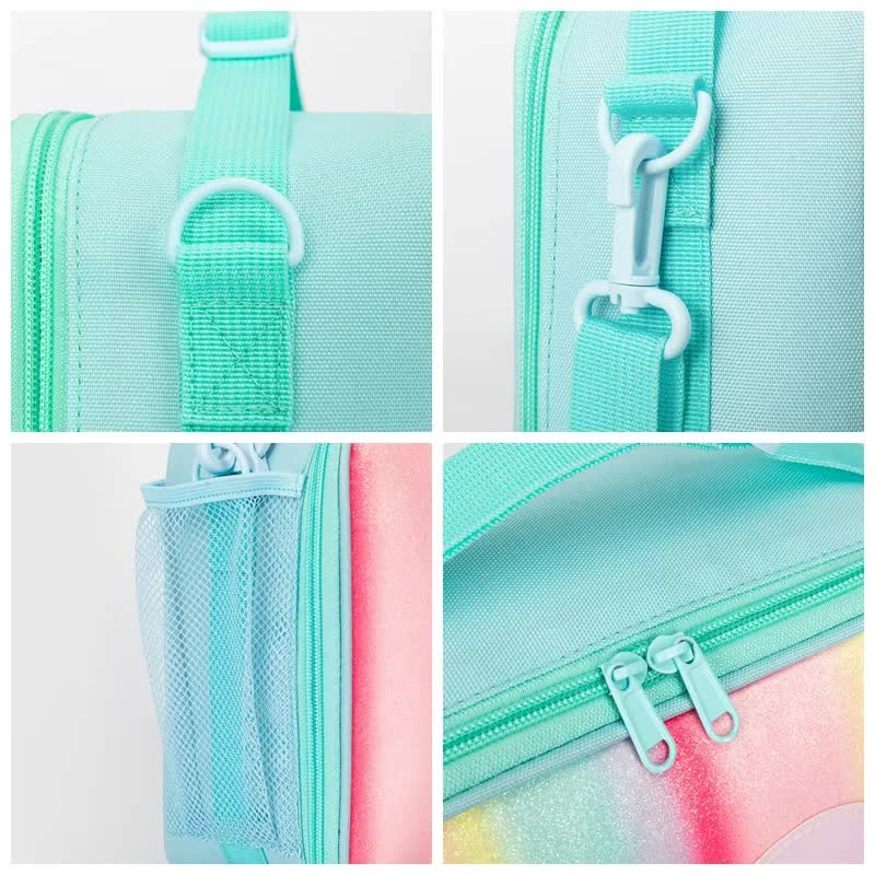Orange Sparkling Rainbow Heart Insulated Lunch Bag for Kids - Portable School Lunch Box with Shoulder Strap