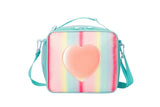 Pink Sparkling Rainbow Heart Insulated Lunch Bag for Kids - Portable School Lunch Box with Shoulder Strap - Top-Down View