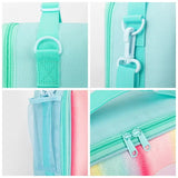 Pink Sparkling Rainbow Heart Insulated Lunch Bag for Kids - Portable School Lunch Box with Shoulder Strap - Close-Up Angle