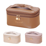 Beige Stylish PU Leather Makeup Bag - Large Capacity Double Layer Waterproof Travel Cosmetic Organizer Case for Women - Front View