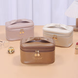 Beige Stylish PU Leather Makeup Bag - Large Capacity Double Layer Waterproof Travel Cosmetic Organizer Case for Women - Side View