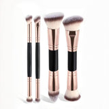 Black and Glod Versatile 4pc Dual-Ended Makeup Brush Set - Soft Synthetic Bristles for Foundation Blush Contour Concealer