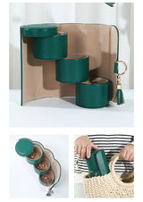 Green Elegant 3-Tier Cylindrical Travel Jewellery Box - PU Leather Organizer for Rings Earrings Necklaces with Tassel Charm - Front View