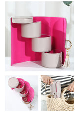 Beige and Pink Elegant 3-Tier Cylindrical Travel Jewellery Box - PU Leather Organizer for Rings Earrings Necklaces with Tassel Charm - Front View