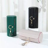 Beige and Pink Elegant 3-Tier Cylindrical Travel Jewellery Box - PU Leather Organizer for Rings Earrings Necklaces with Tassel Charm - Side View