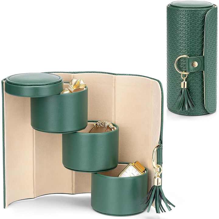 Beige and Pink Elegant 3-Tier Cylindrical Travel Jewellery Box - PU Leather Organizer for Rings Earrings Necklaces with Tassel Charm