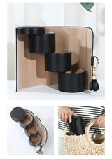 Black and Khaki Elegant 3-Tier Cylindrical Travel Jewellery Box - PU Leather Organizer for Rings Earrings Necklaces with Tassel Charm - Front View