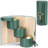 Black and Khaki Elegant 3-Tier Cylindrical Travel Jewellery Box - PU Leather Organizer for Rings Earrings Necklaces with Tassel Charm - Top-Down View