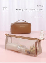 Beige Elegant PU Leather Makeup Bag & Toiletry Organizer with Detachable Mesh Pouch - Large Capacity Travel Cosmetic Case - Top-Down View