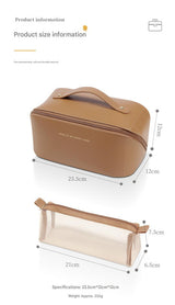 Beige Elegant PU Leather Makeup Bag & Toiletry Organizer with Detachable Mesh Pouch - Large Capacity Travel Cosmetic Case - 45-Degree Angle