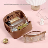 Black Elegant PU Leather Makeup Bag & Toiletry Organizer with Detachable Mesh Pouch - Large Capacity Travel Cosmetic Case - Side View