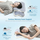 Blue and White Ergonomic Butterfly Memory Foam Pillow - Cervical Neck Support for Side, Back & Stomach Sleepers, Orthopedic Contour Design - 45-Degree Angle