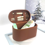 Brown Elegant PU Leather Makeup & Toiletry Bag - Large Capacity Travel Cosmetic Organizer with Brush Holder - 45-Degree Angle