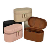 Beige Elegant PU Leather Makeup & Toiletry Bag - Large Capacity Travel Cosmetic Organizer with Brush Holder - Front View