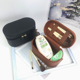 Beige Elegant PU Leather Makeup & Toiletry Bag - Large Capacity Travel Cosmetic Organizer with Brush Holder - Side View
