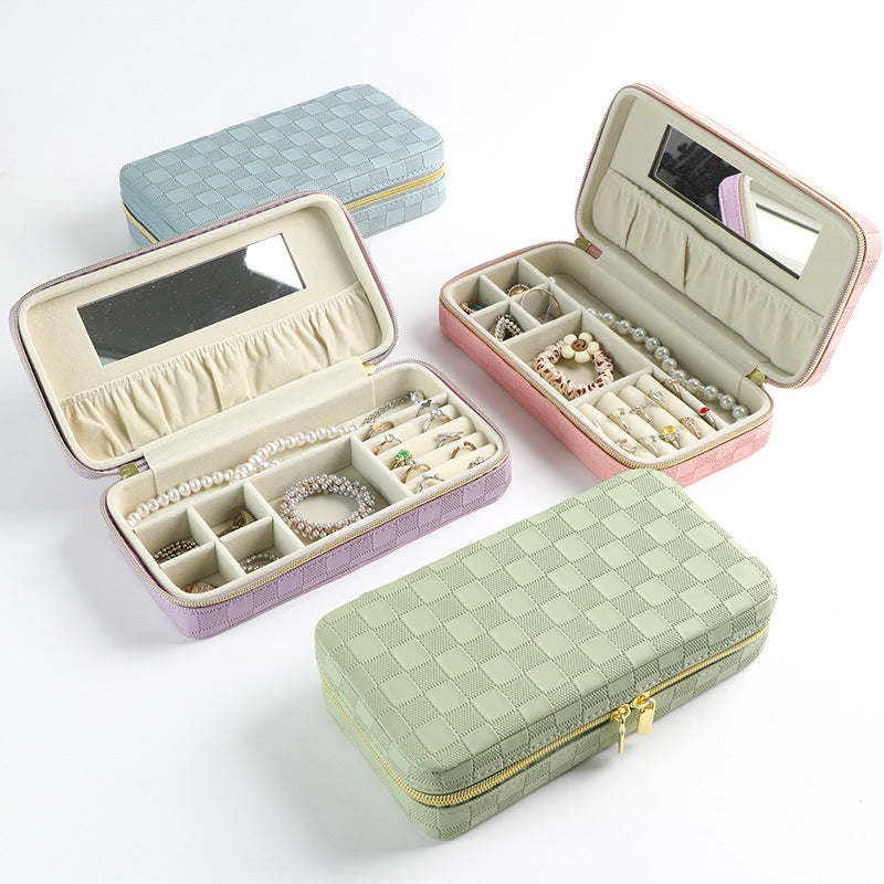 Green Stylish PU Leather Travel Jewellery Box - Compact Organizer for Rings, Earrings, Necklaces wit