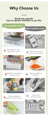 Green And Grey Ultimate 12-in-1 Multi-Functional Vegetable Slicer Dicer Chopper - Mandoline with Storage Containers & Drain Basket - 45-Degree Angle